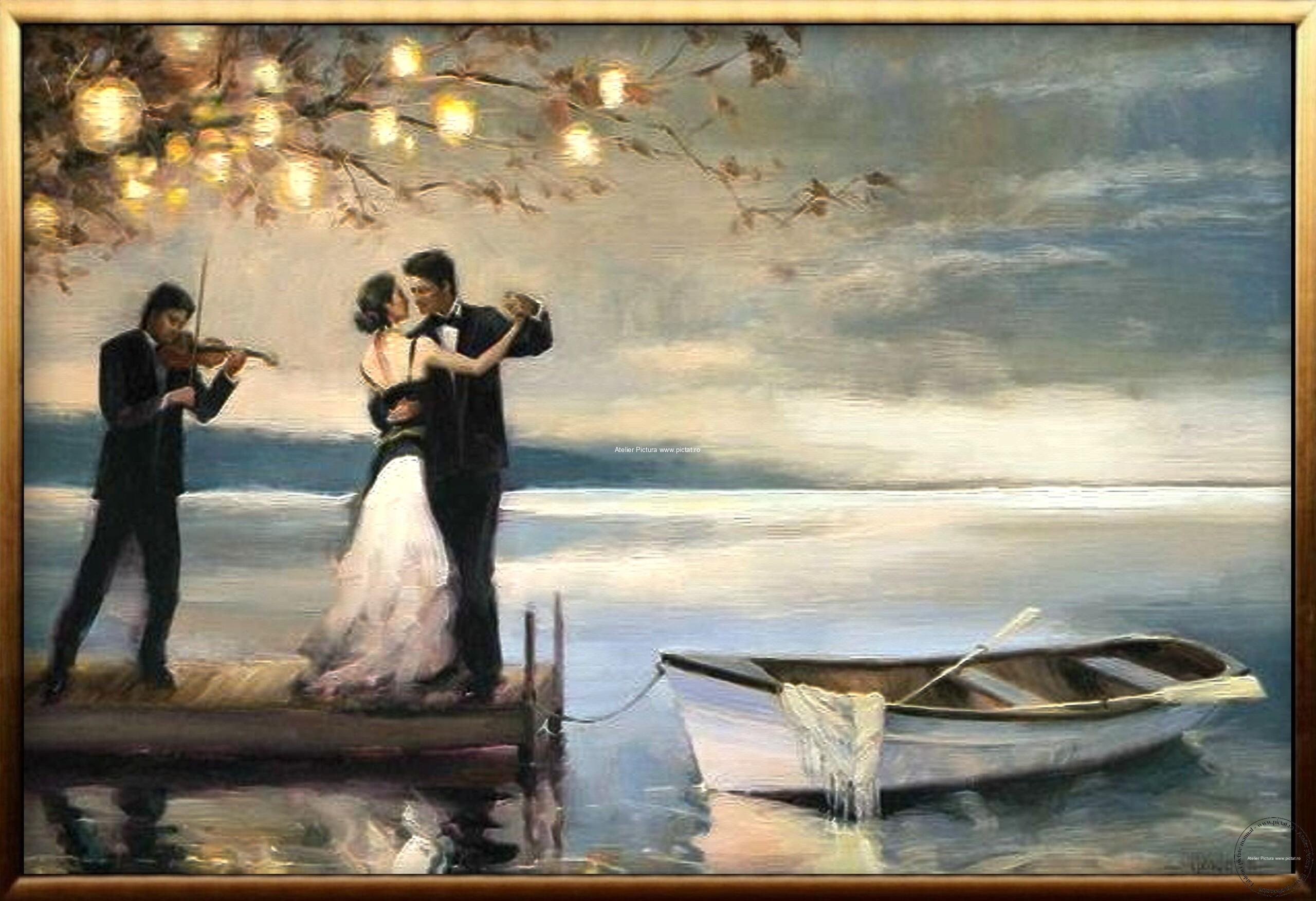 Tablou pictat manual, Peisaj romantic, tablou cu indragostiti, portret de nunta - imagine 3