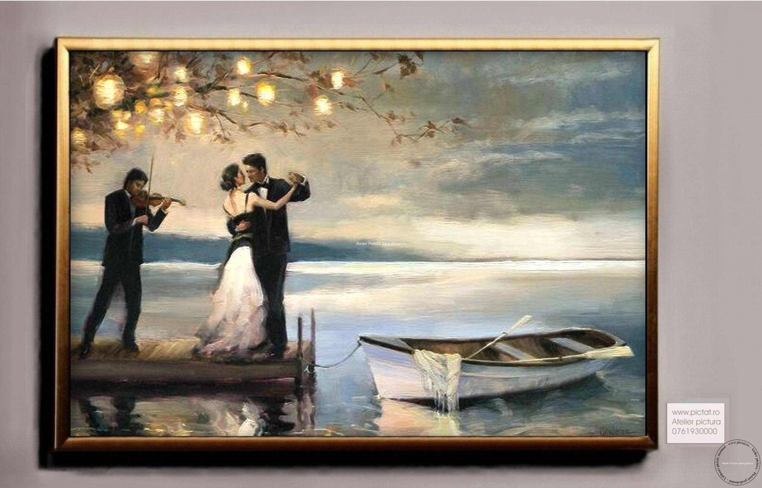 Tablou pictat manual Peisaj romantic, tablou cu indragostiti, portret de nunta
