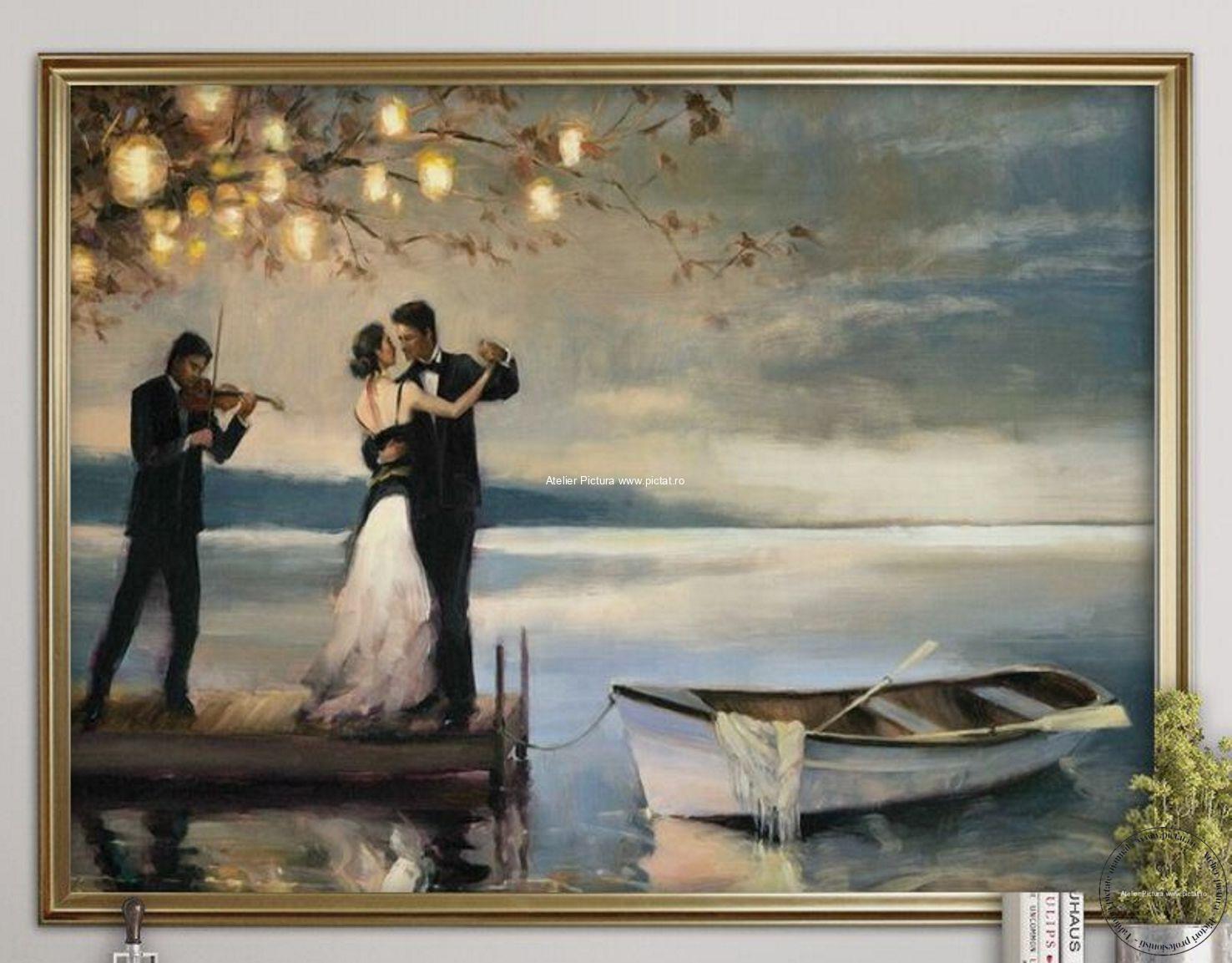 Tablou pictat manual, Peisaj romantic, tablou cu indragostiti, portret de nunta - imagine 4