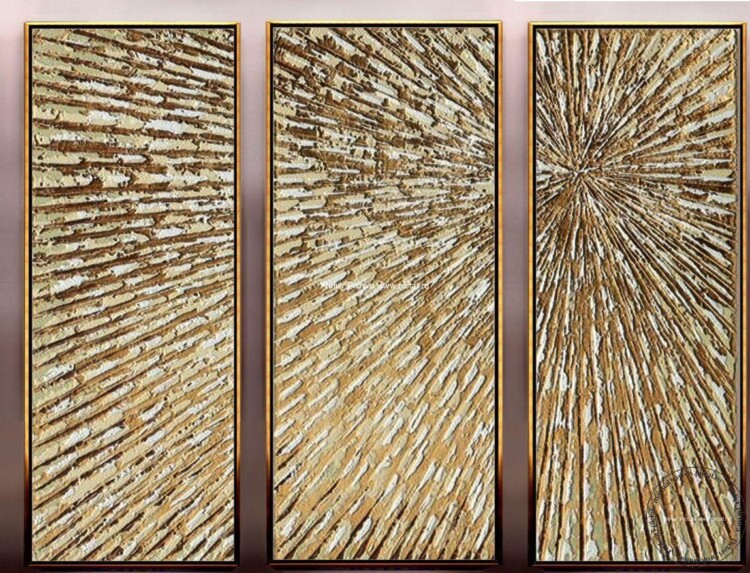 Rasarit de soare Set 3 tablouri Triptic Tablou abstract pictat in cutit, foita de aur 100x100cm