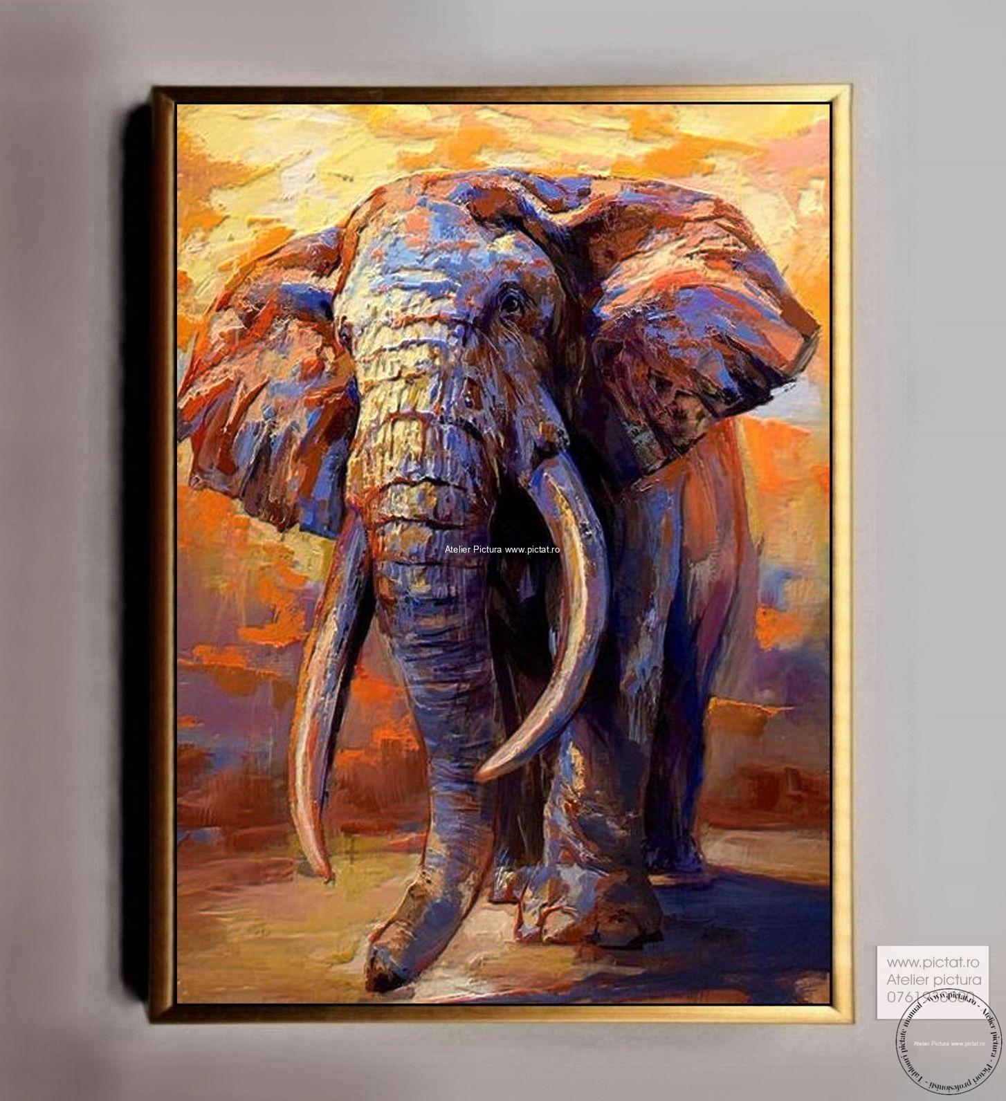 Tablou pictat manual Elefant in savana, tablou abstract pictura ulei, tablouri dimensiuni mari, tablouri la comanda.pictate manual ulei pe panza