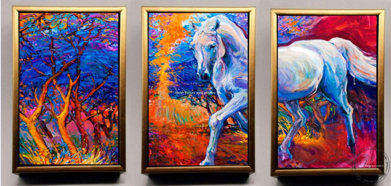 Set Tablou peisaj cu cal alb, tablou pictat cu alb in peisaj de toamna abstract Tablouri cu animale