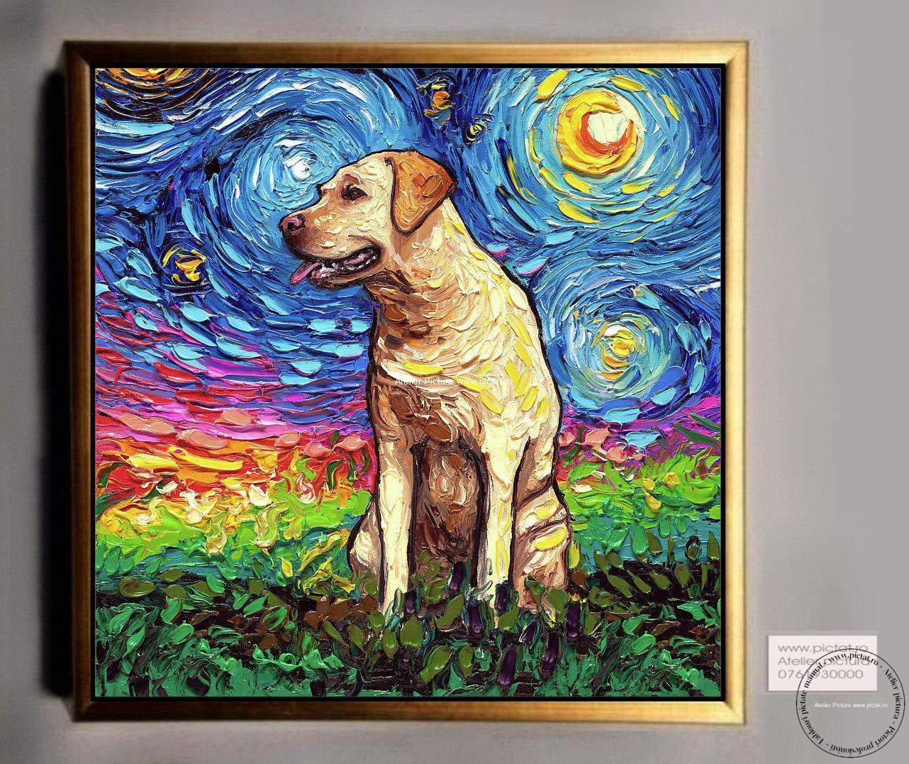Tablou pictat manual Labrador, Tablou cu caine, Tablouri Animale pasari pesti fluturi, tablou cu catel, tablou cu pui de labrador, tablou peisaj celebru Tablou pictura in cutit