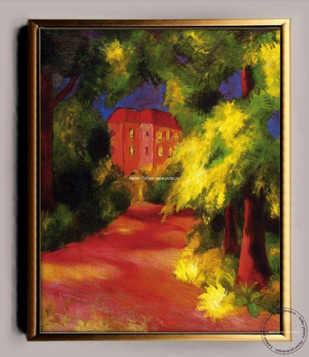 Tablou pictat manual Red House in the Park peisaj cu casa rossie din parc peisaj expresionist, peisaj cu copaci, peisaj cu casa rosie, peisaj alee in parc, tablou pictat in cutit