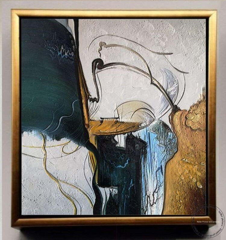 Tablou pictat manual abstract verde auriu alb blure decorativ modern tablou verde