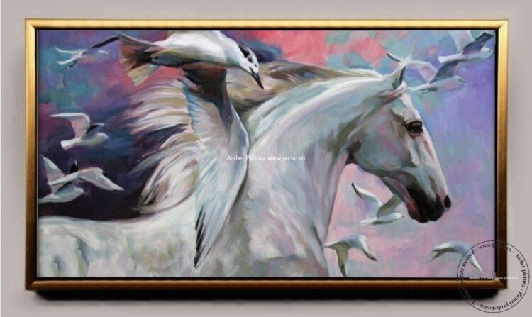 Tablou pictat manual cu cal alb si pescarusi, tablouri cu pasari si cai, Picturi cu animale