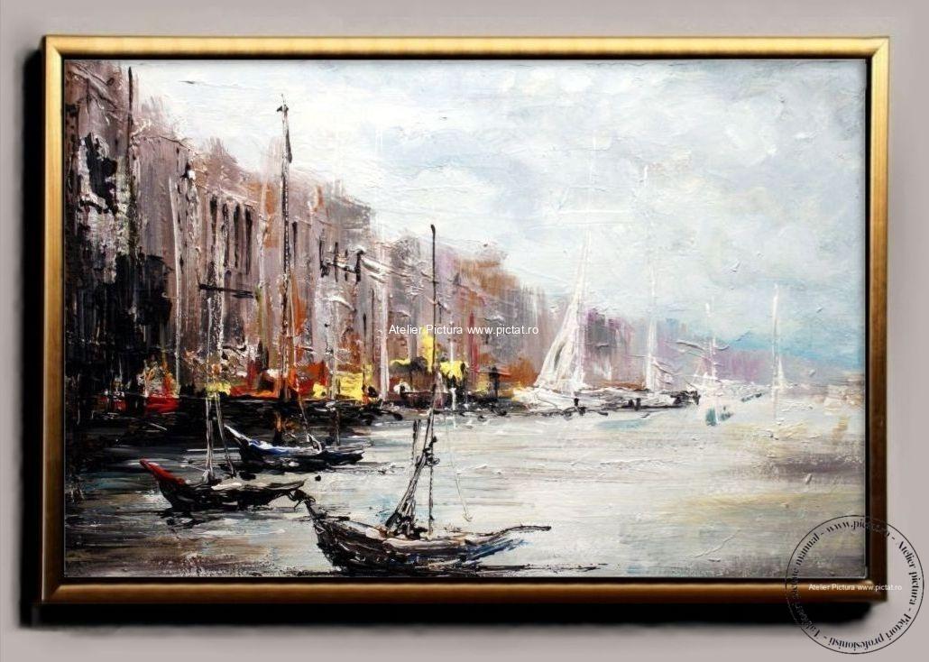 Tablou pictat manual peisaj Venetian tablou reliefat peisaj cu barci