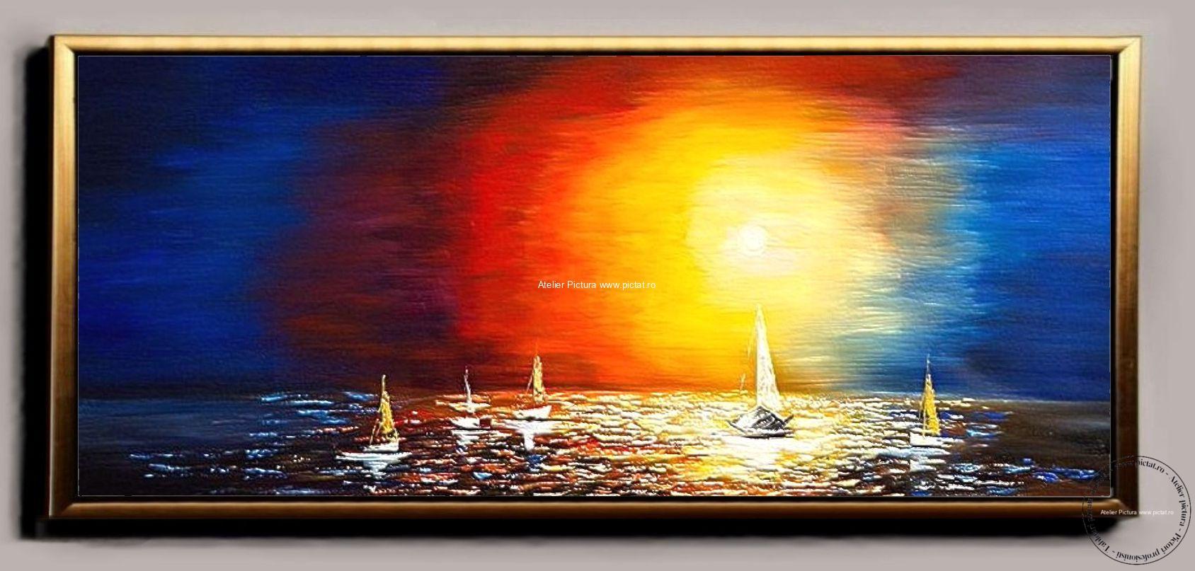 Tablou pictat manual peisaj abstract cu barci la apus de soare, peisaj cu linia orizontului