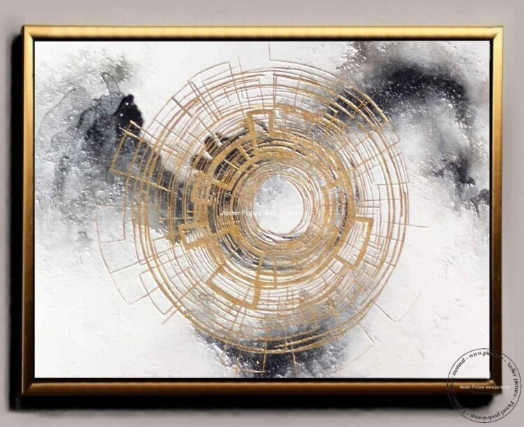 Tablou pictat manual soare cu raze aurii tablou decorativ modern abstract