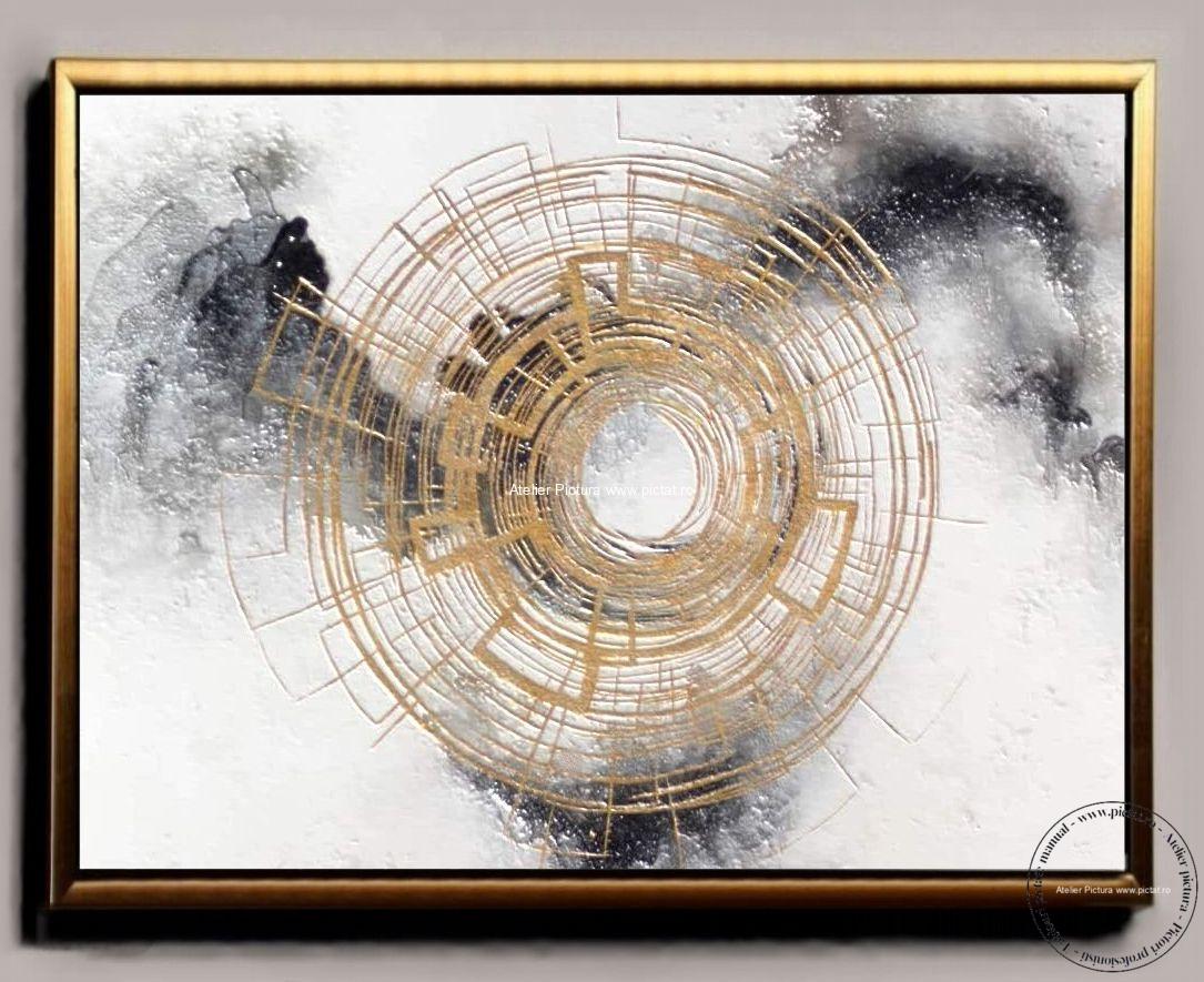 Tablou pictat manual soare cu raze aurii tablou decorativ modern abstract
