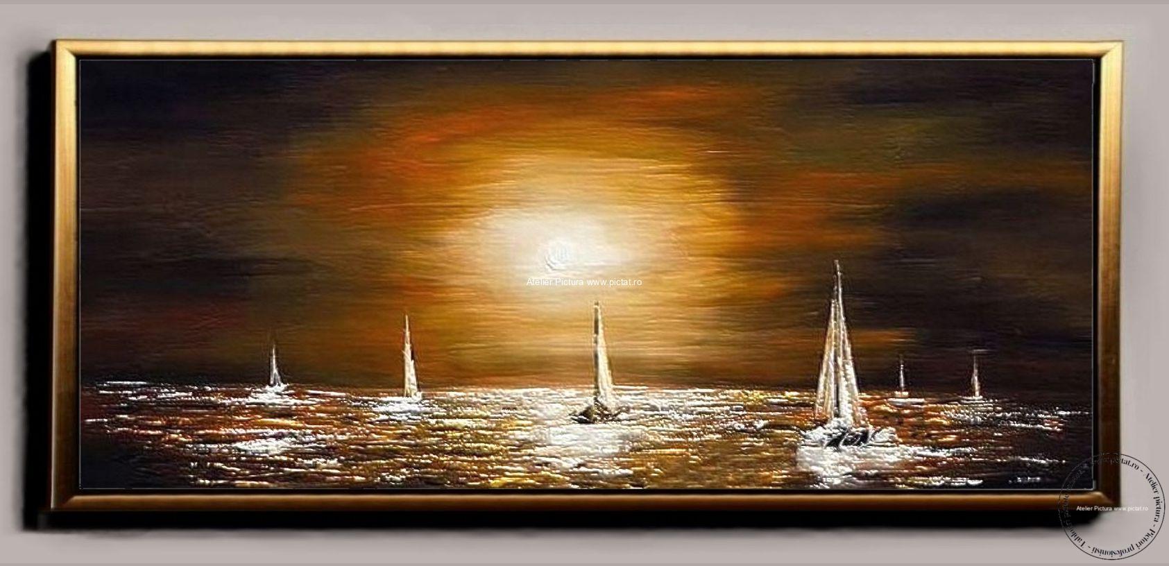 Tablou peisaj cu apus de soare, peisaj marin, peisaj cu barci pe mare Tablou pictat manual, tablouri la comanda, tablouri pictate manual in ulei pe panza.