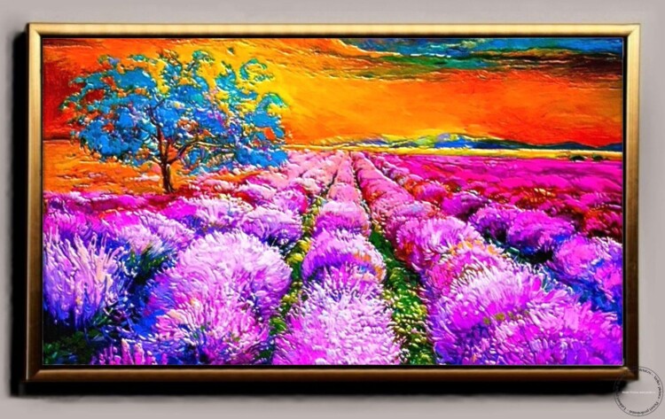 Tablou pictat manual cu peisaj flori de lavanda, tablou cu apus de soare