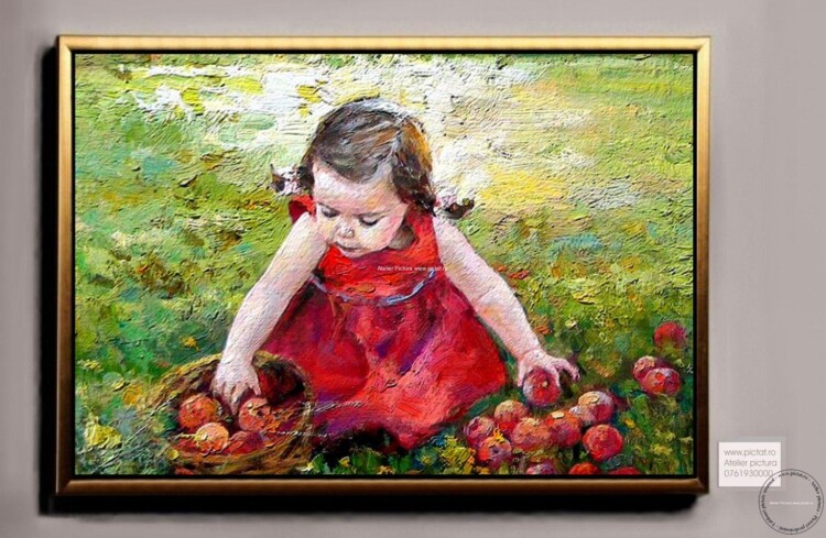 Tablouri pictate manual, Fetita cu rochita rosie in livada cu mere rosii