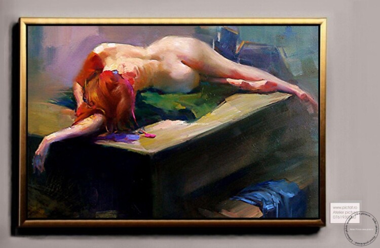 Tablouri pictate manual, Nud femeie roscata intinsa pe pat, picturi nud