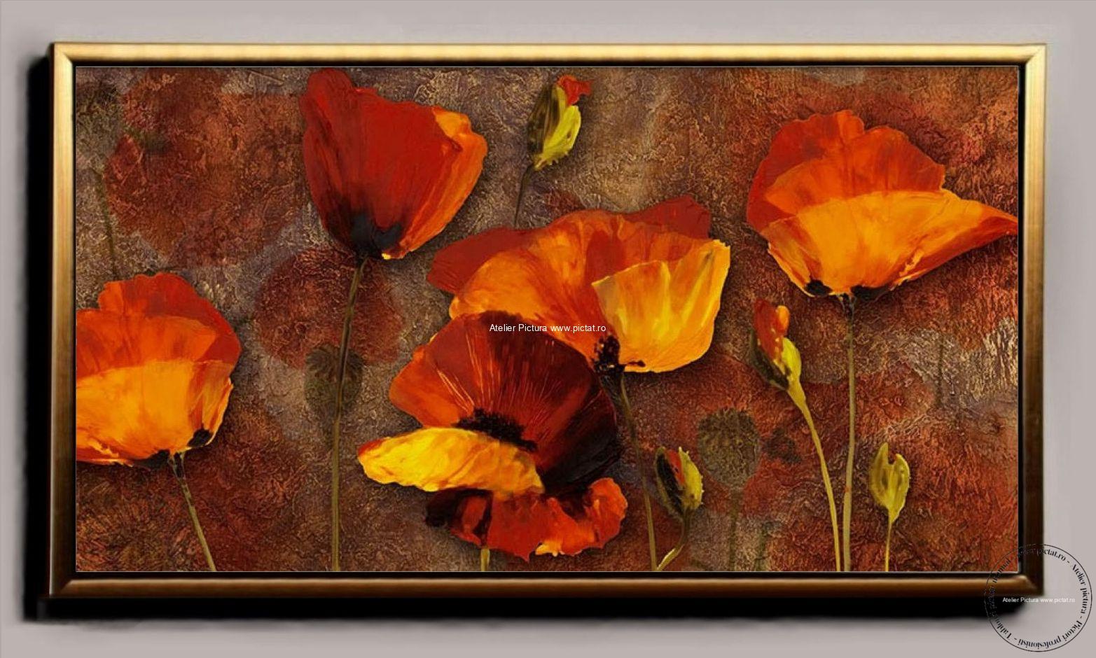 Peisaj cu maci rosii, tablou abstract cu flori de camp, tablouri cu flori rosii, Pictura cu foita de aur