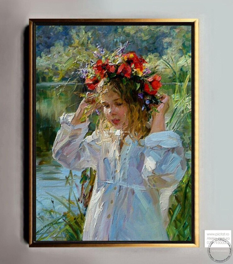 Tablouri pictate manual Peisaj de vara langa lac, fetita cu coronita de maci