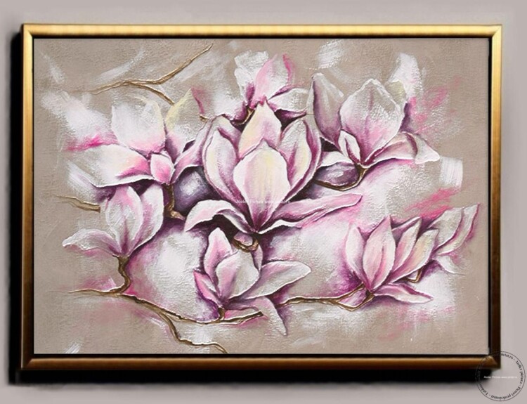 Pictura cu tramuri de magnolii, tablou abstract, tablouri cu flori albe roz lila