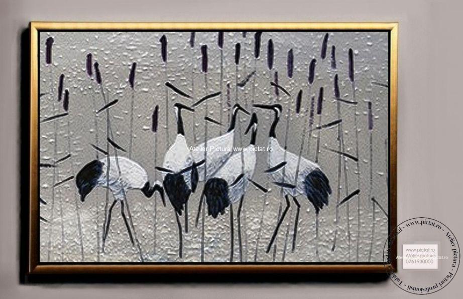 Tablou cu berze in papuris, tablou abstract, tablouri cu pasari