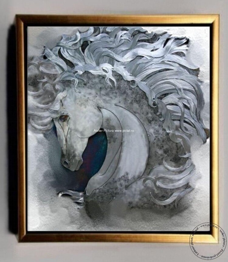Tablou cu cal alb pictura in cutit, tablou abstract, tablouri cu armasar alb