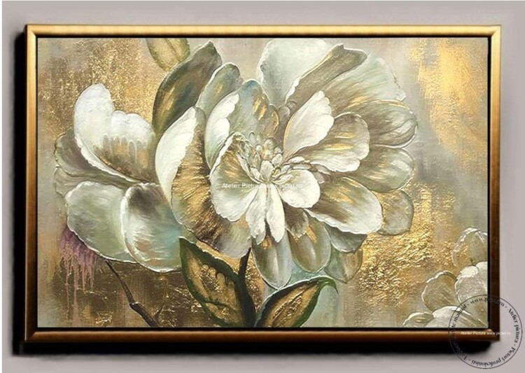Tablou cu camelie alba, tablou abstract, tablouri cu flori albe, Pictura cu foita de aur