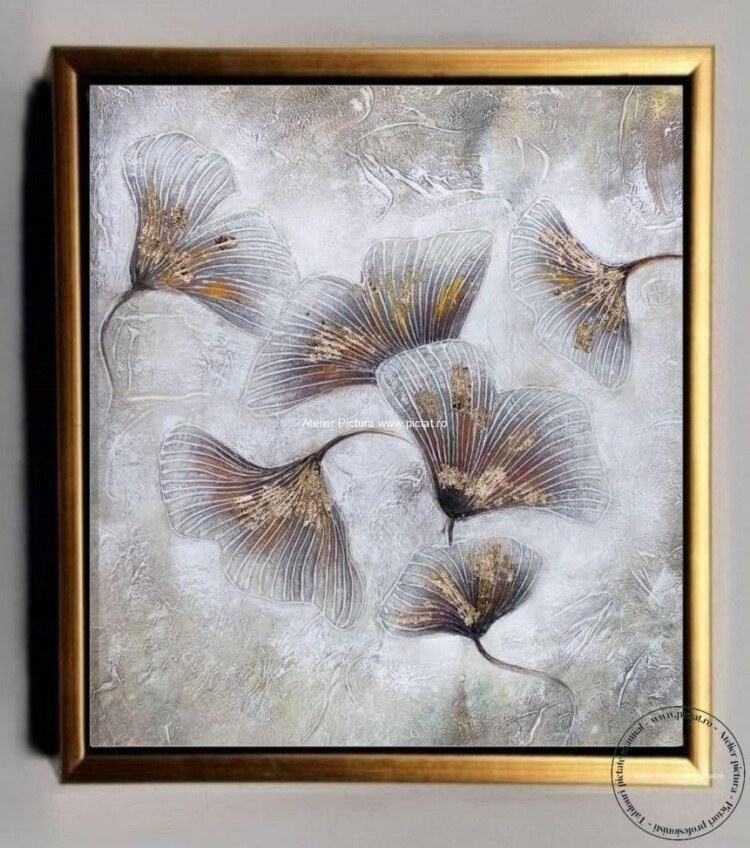 Tablou cu flori albe, tablou abstract, tablouri cu flori albe, Pictura filigram aur