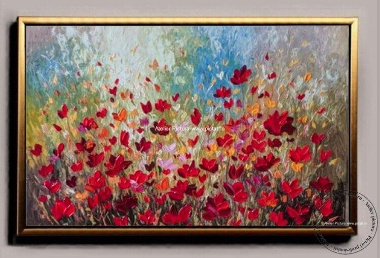 Tablou cu flori de camp, tablou cu maci rosii, tablou abstract, tablouri cu flori rosii, Pictura cutit