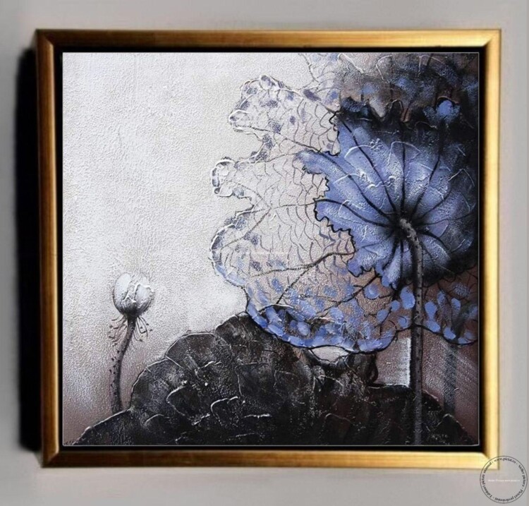 Tablou cu flori mov, tablou abstract, tablouri cu flori bleou mov albastre, Pictura cu foita de aur