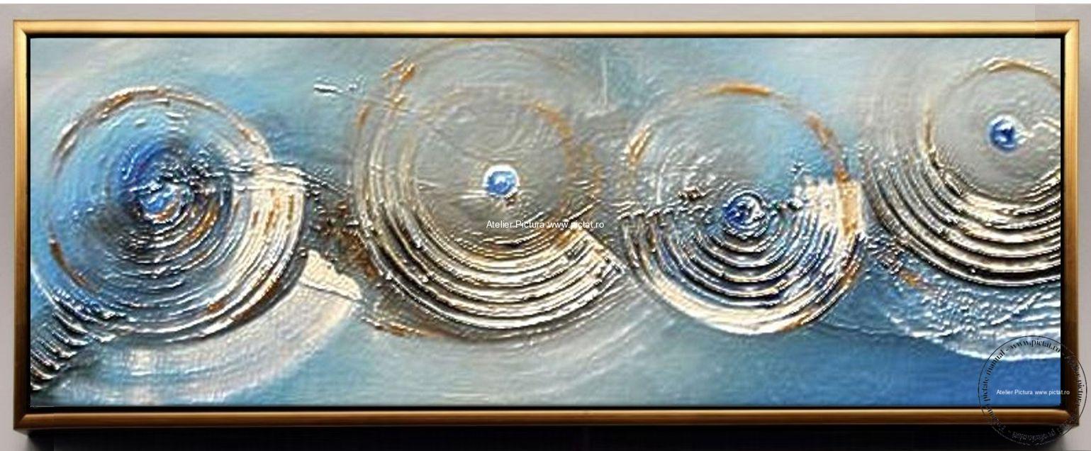 Tablou cu forme geometrice aurii in peisaj abstract, tablou abstract, tablouri cutit, Pictura cu foita de aur