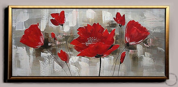 Tablou cu maci de gradina, tablou abstract, tablouri cu flori albe, Pictura cutit