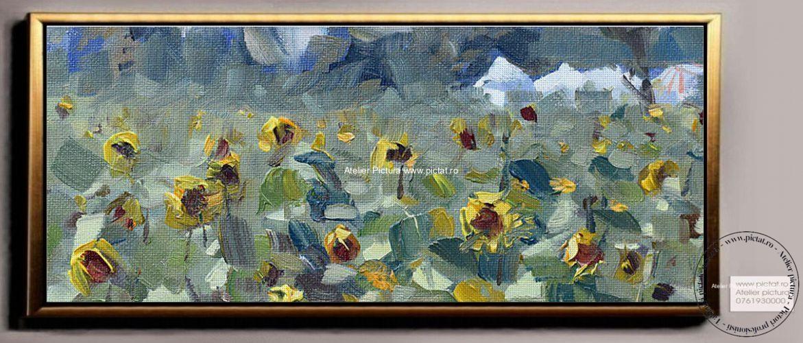 Tablou Peisaj cu floarea soarelui, tablou abstract, tablouri cu flori de camp, tablou floarea soarelui, Pictura cutit