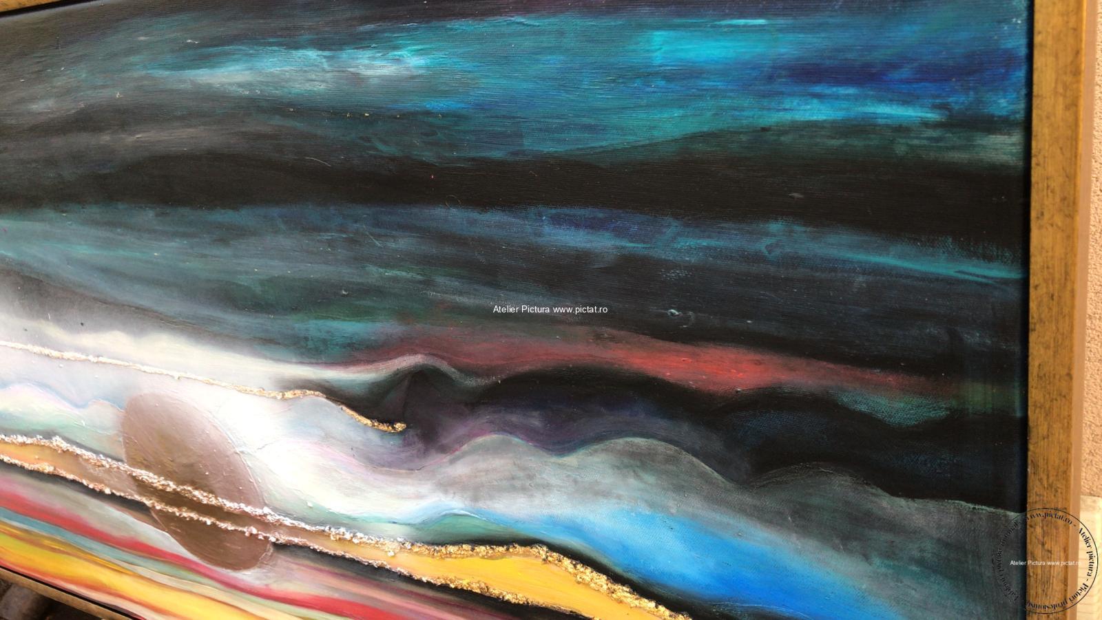 Tablou abstract peisaj apus de soare, tablou multicolor, Pictura placata cu foita de aur - imagine 2