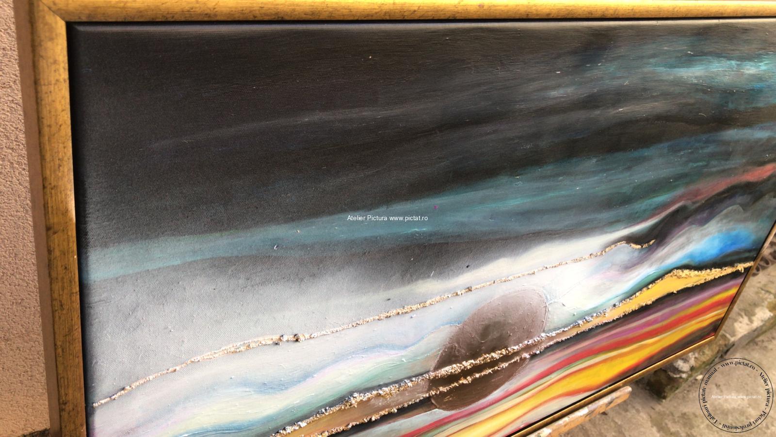 Tablou abstract peisaj apus de soare, tablou multicolor, Pictura placata cu foita de aur - imagine 4