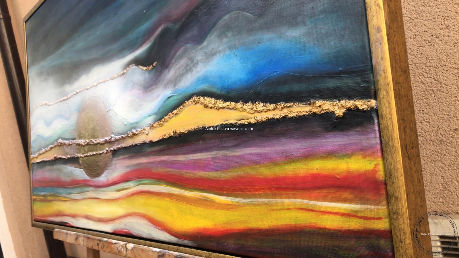 Tablou abstract peisaj apus de soare, tablou multicolor, Pictura placata cu foita de aur - imagine 3