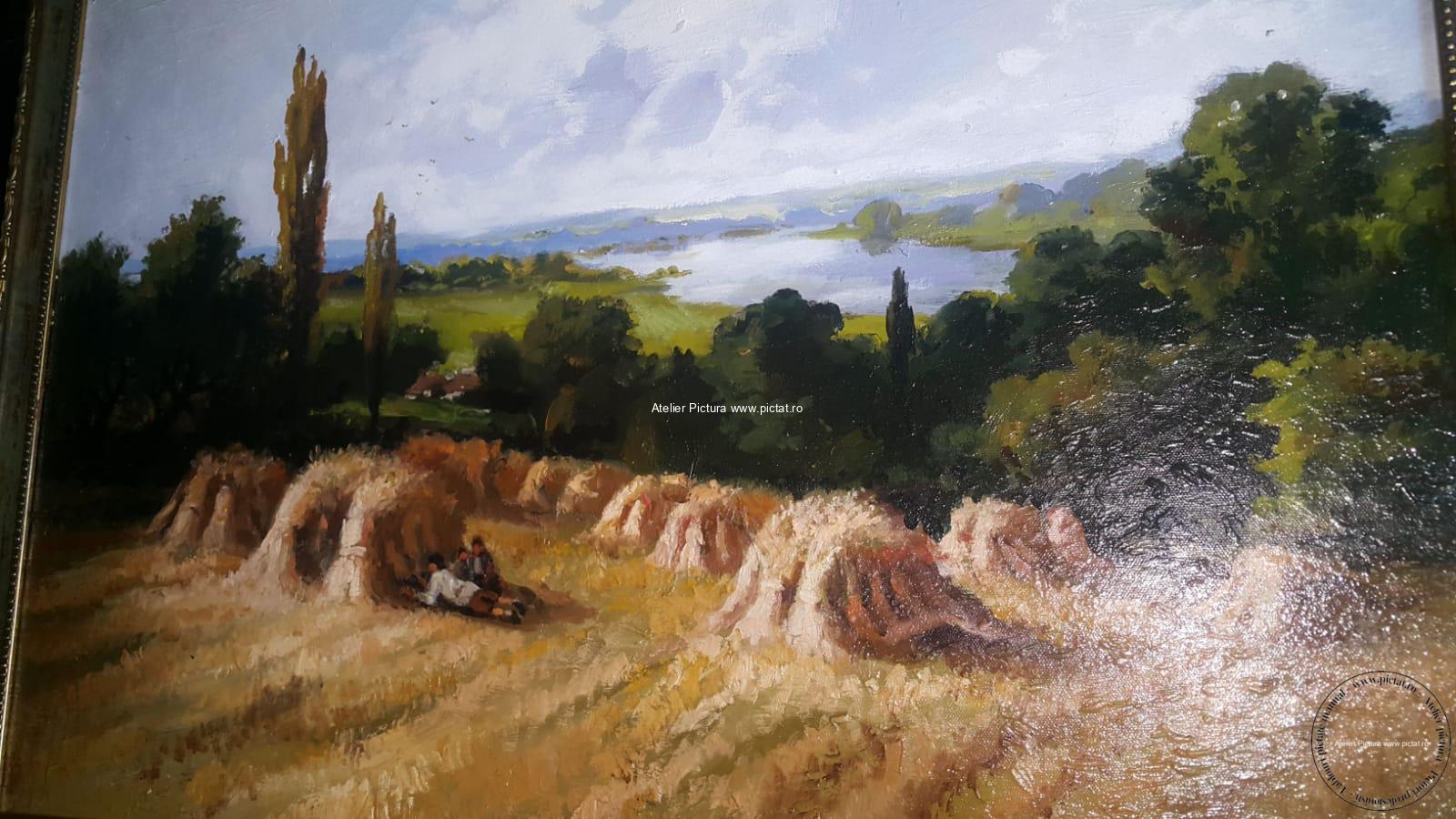 Tablou pictat manual Pictura peisaj vara, Peisaj rural, La cules de grau - imagine 2