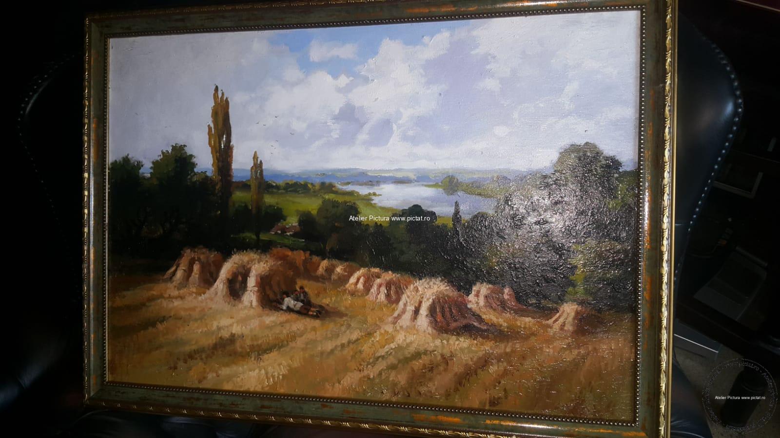 Tablou pictat manual Pictura peisaj vara, Peisaj rural, La cules de grau - imagine 3