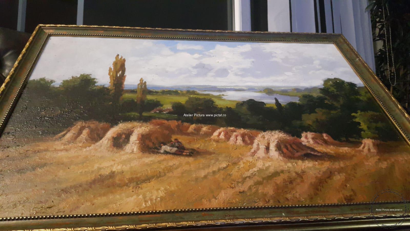 Tablou pictat manual Pictura peisaj vara, Peisaj rural, La cules de grau - imagine 5