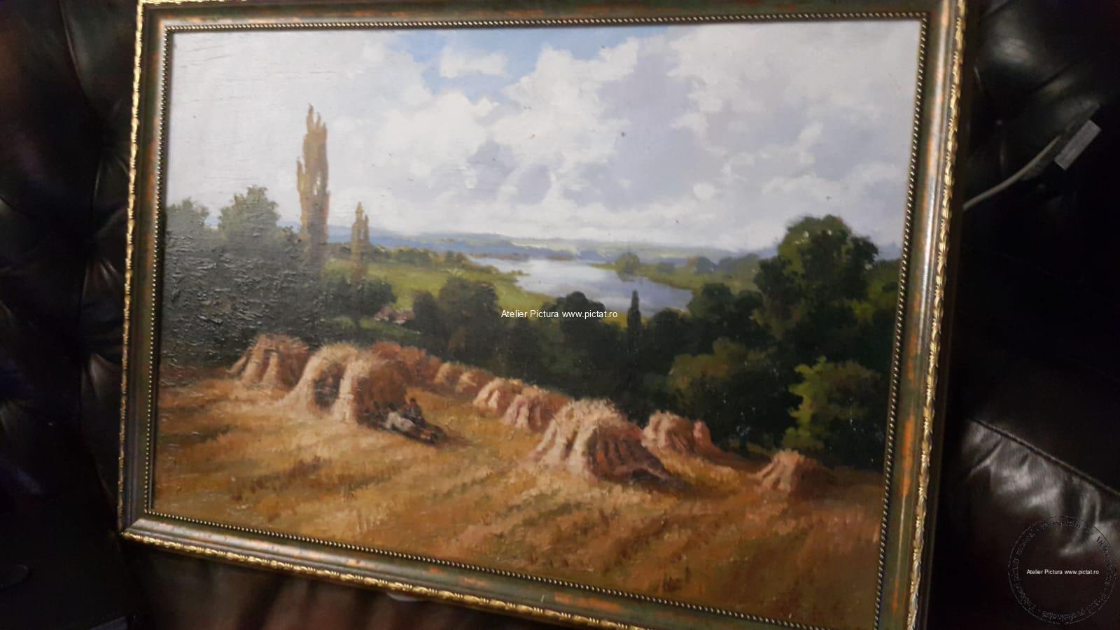 Tablou pictat manual Pictura peisaj vara, Peisaj rural, La cules de grau - imagine 6