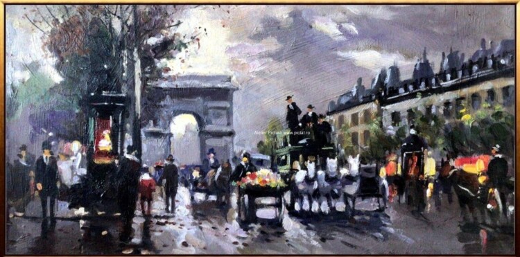 Tablou pictat peisaj urban oras, tablou peisaj Arc de Triumf 29x55 cm