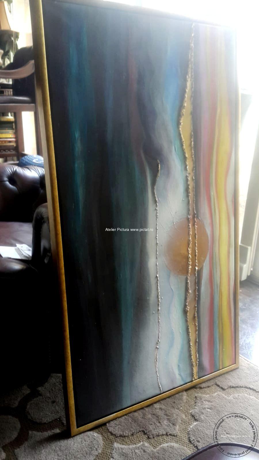 Tablou abstract peisaj apus de soare, tablou multicolor, Pictura placata cu foita de aur - imagine 5