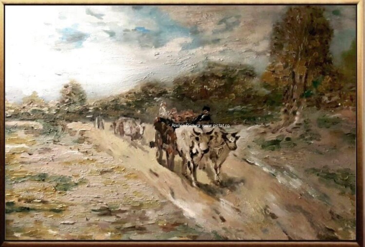 Tablou peisaj toamna Pictura reproducere Nicolae Grigorescu Car cu boi 65×45cm