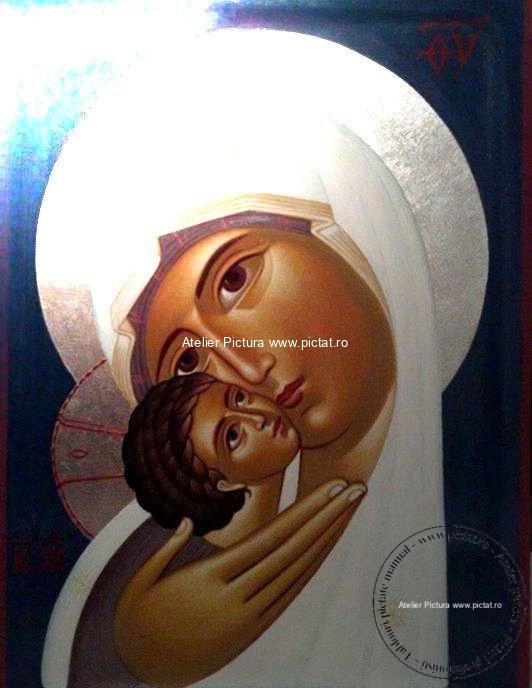 Icoane pictate manual si placate cu foita de aur Icoana Maica Domnului cu pruncul Iisus Hristos, Icoana Ortodoxa,