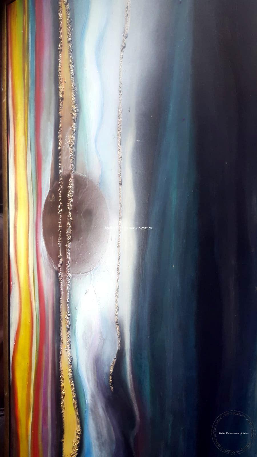 Tablou abstract peisaj apus de soare, tablou multicolor, Pictura placata cu foita de aur - imagine 6