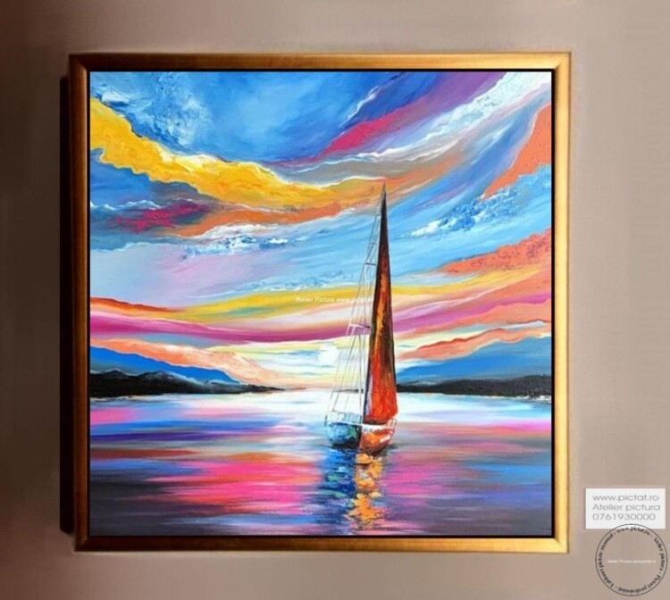 Tablouri pictate manual Barca cu panza, peisaj maritim, Tablou abstract