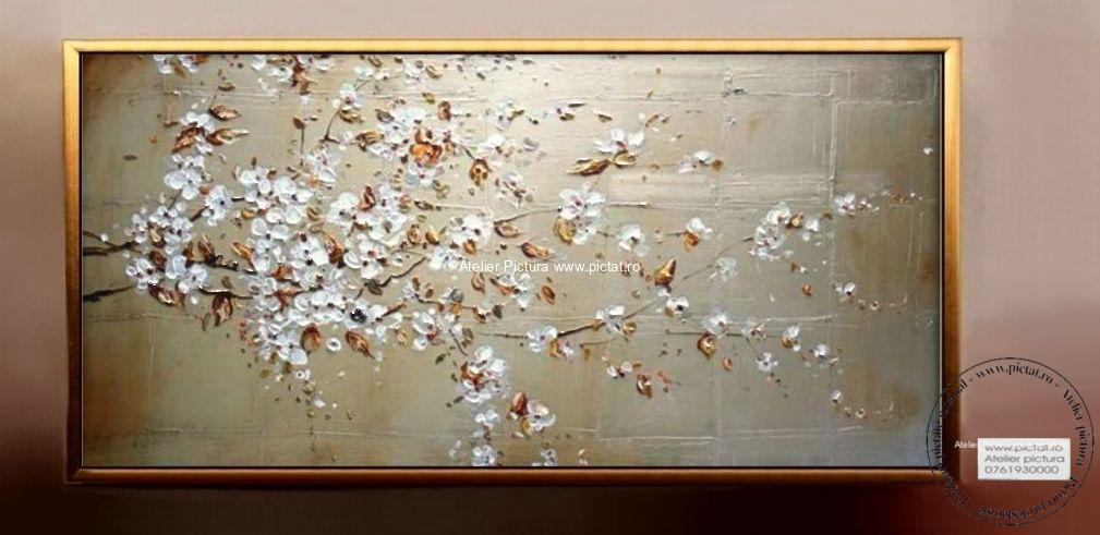 Tablou copac cu flori, tablou flori albe, tablou abstract, Tablou modern cu foita de aur, Tablou sufragerie, tablou living, tablou hol