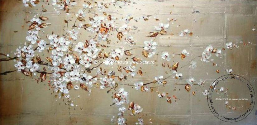 Tablou copac cu flori, tablou flori albe, tablou abstract, Tablou modern cu foita de aur, Tablou sufragerie, tablou living, tablou hol