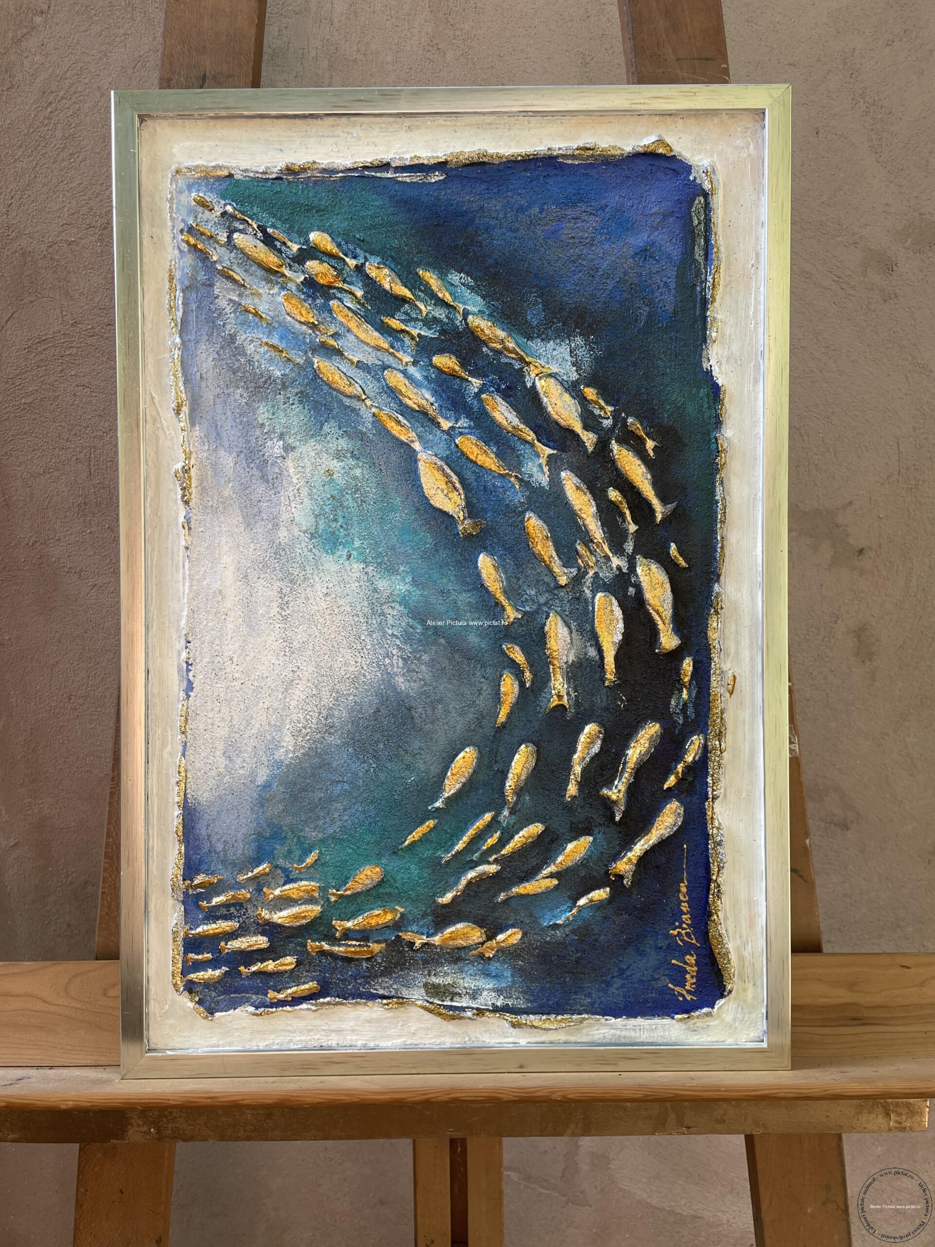 Tablouri pictate manual Tablou abstract cu pesti in ocean, Tablou pictura 3d feng shui Tablou pictura cutit 40x50cm