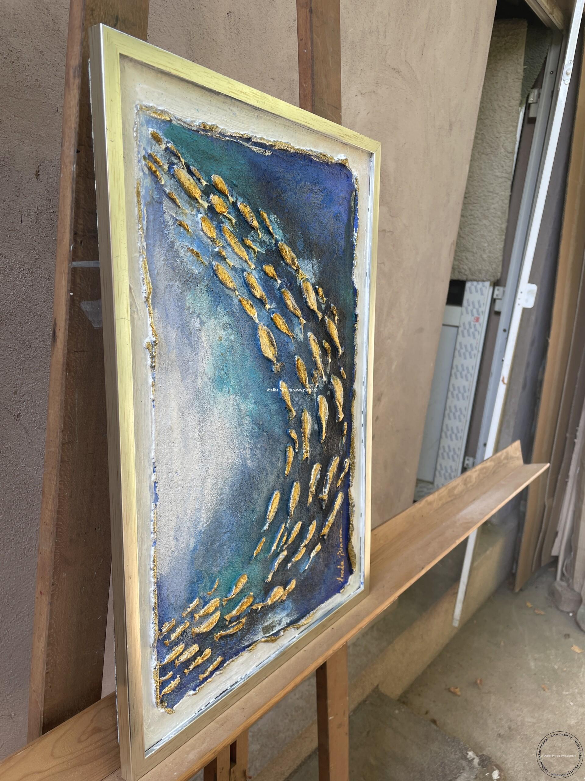 Tablouri pictate manual Tablou abstract cu pesti in ocean, Tablou pictura 3d feng shui Tablou pictura cutit 40x50cm