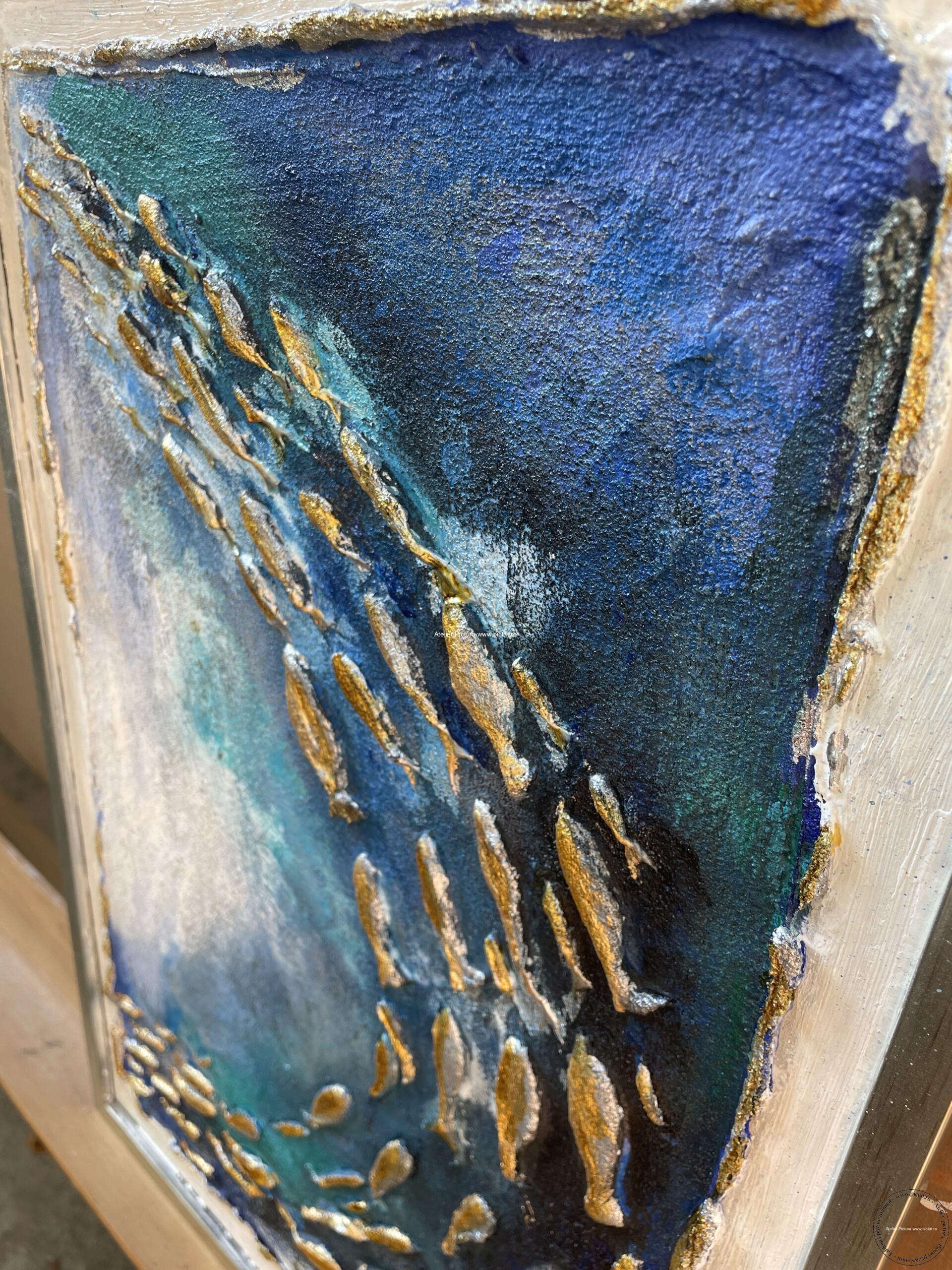 Tablouri pictate manual Tablou abstract cu pesti in ocean, Tablou pictura 3d feng shui Tablou pictura cutit 40x50cm
