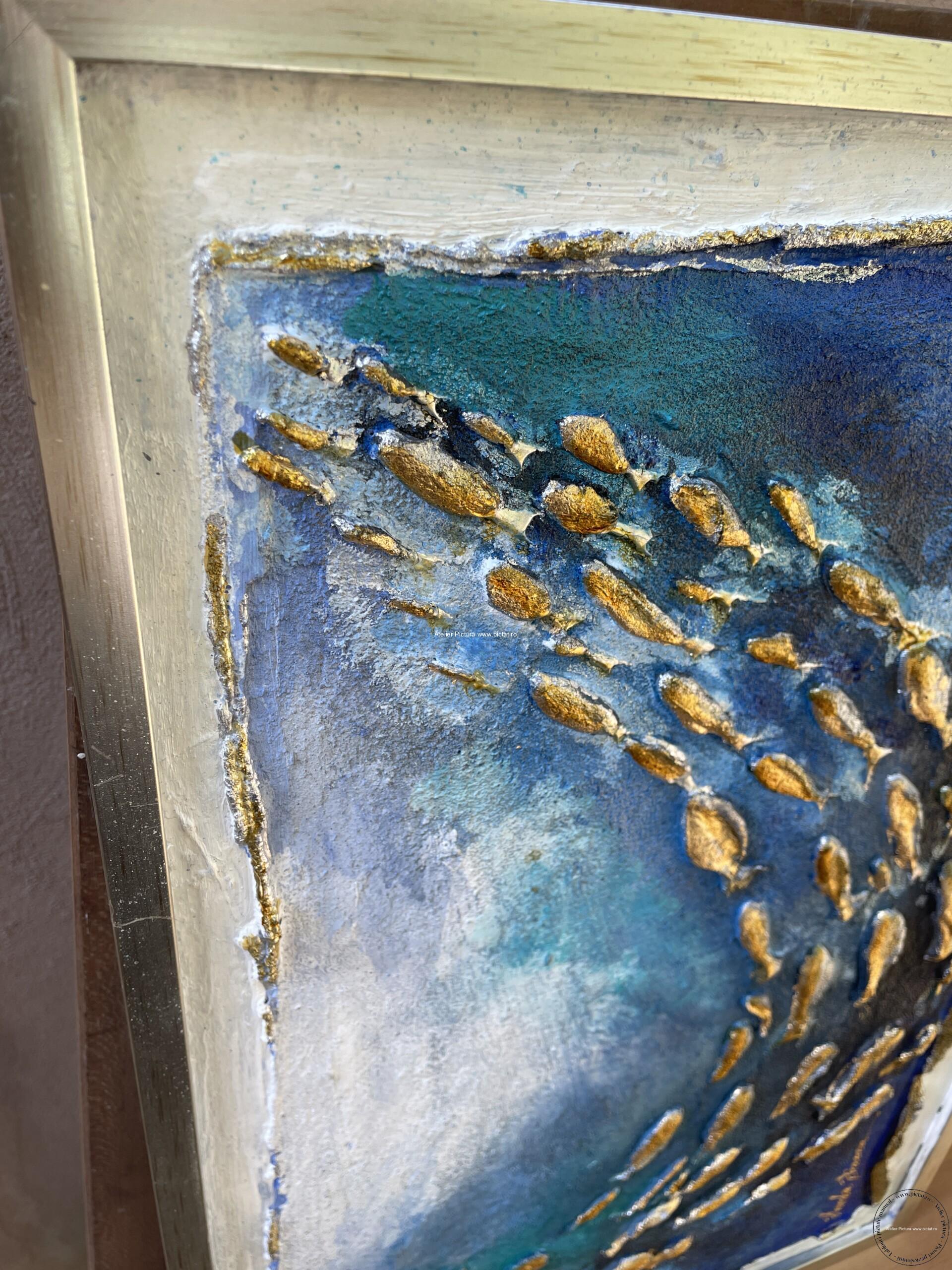 Tablouri pictate manual Tablou abstract cu pesti in ocean, Tablou pictura 3d feng shui Tablou pictura cutit 40x50cm