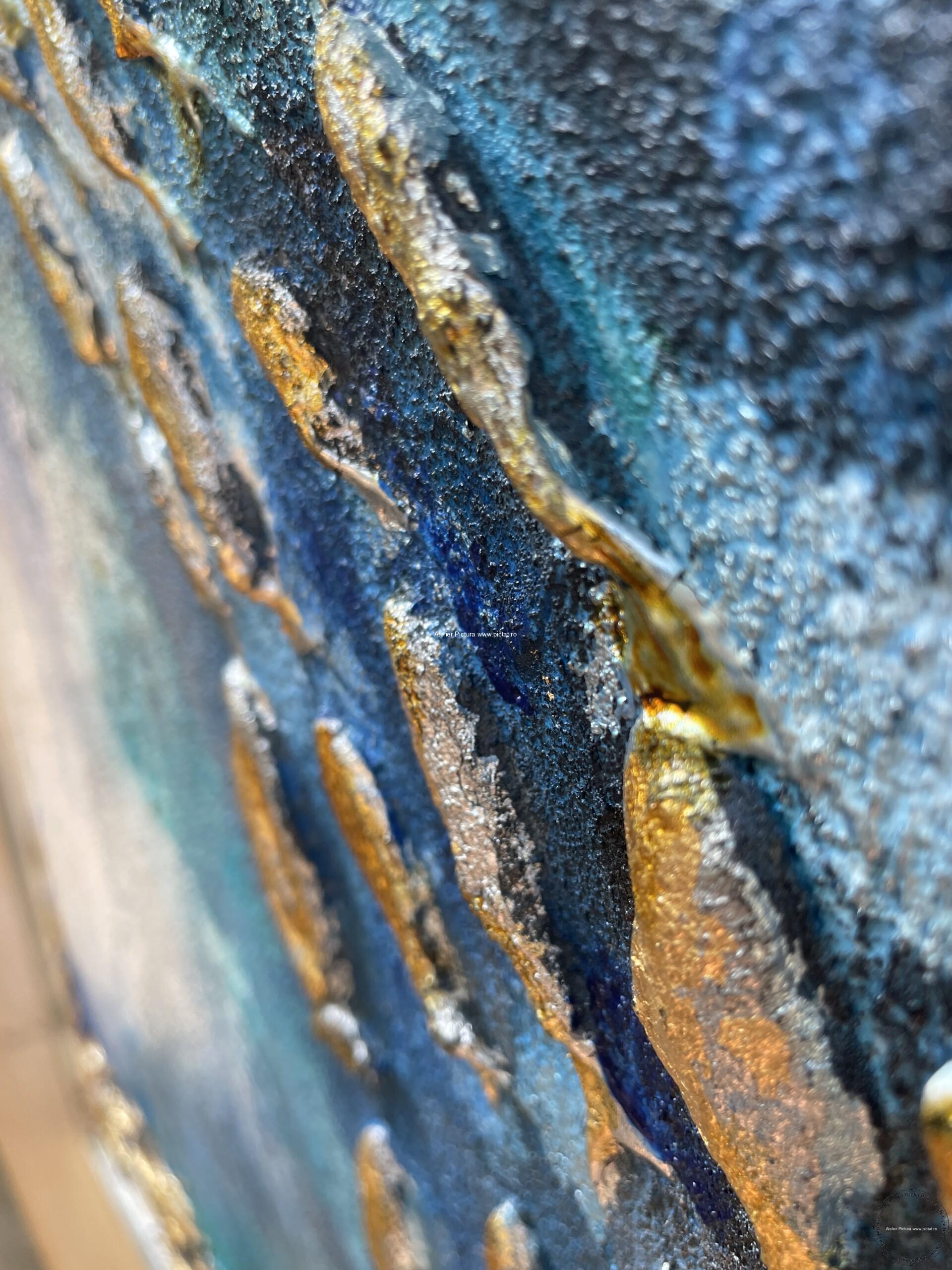 Tablouri pictate manual Tablou abstract cu pesti in ocean, Tablou pictura 3d feng shui Tablou pictura cutit 40x50cm